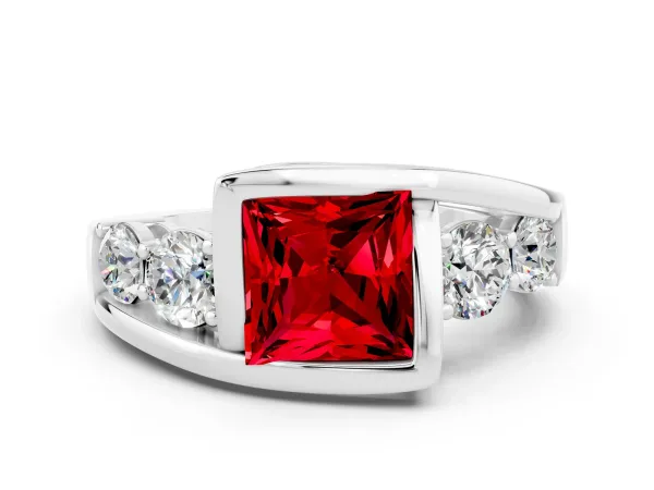 Bezel Set Princess Cut Ruby Bypass Ring with Round Accents Platinum