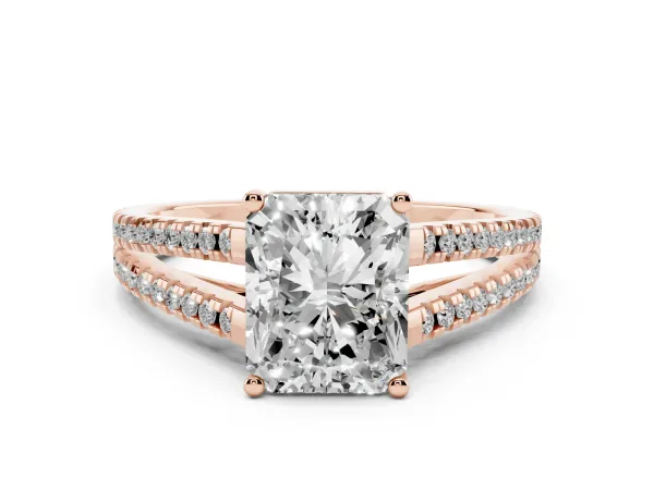 Radiant Cut Diamond Solitaire Engagement Ring with Split Shank Pavé Band Rose gold