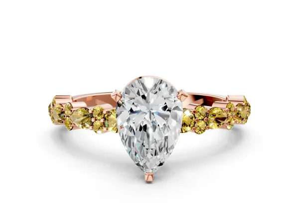 Pear Cut Diamond Side Stone Solitaire Ring with Round Yellow Sapphire and Four-Prong Setting Rose gold