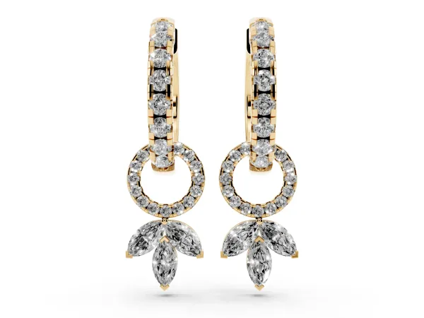 Round and Marquise Diamond Huggie Drop Earrings Yellow gold