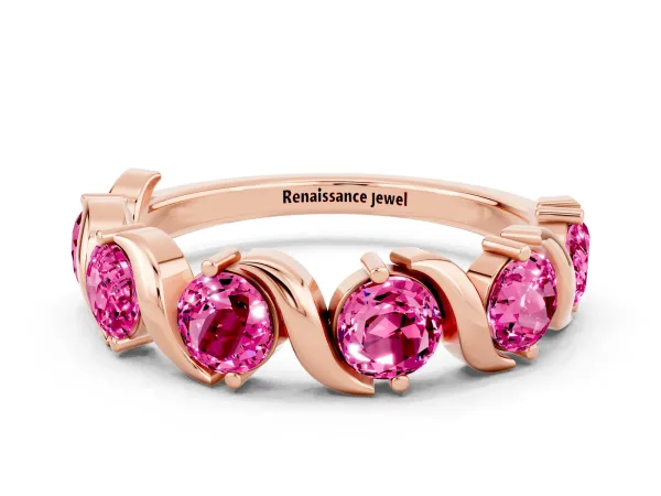 Round Pink Sapphire Half Eternity Band with Wave Prong Setting Rose gold