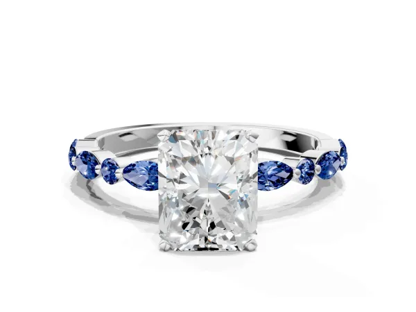 Radiant Cut Diamond Ring with Marquise and Round Blue Sapphire Side Stones and Four-Prong Setting Platinum