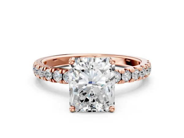 Radiant Cut Diamond Pave Band Solitaire Ring with Round and Prong Setting Rose gold