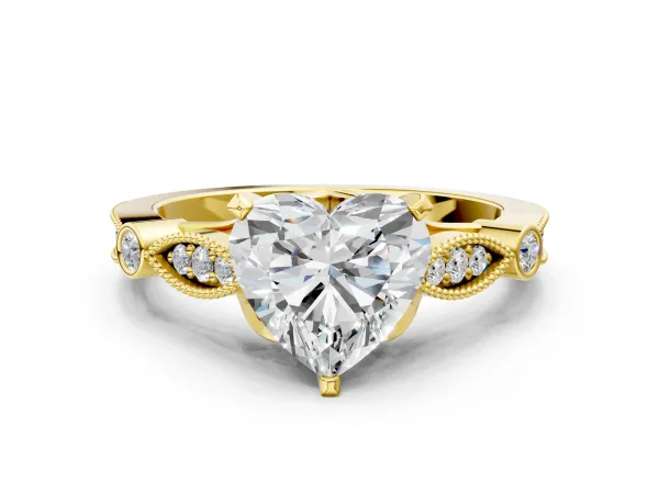 Heart Cut Cut Diamond with Milgrain Marquise and Bezel Accents on a Solitaire Band with Prong Setting Yellow gold