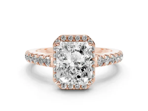 Radiant Cut Cut Halo Diamond Engagement Ring with Pave Band and Four-Prong Setting Rose gold