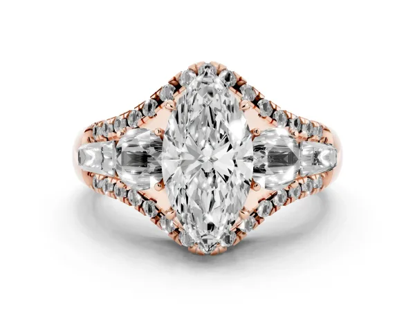 Three-Stone Marquise Cut Diamond Engagement Ring with Pave Band and Prong Setting Rose gold