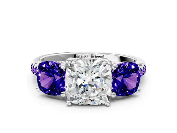 Three-Stone Cushion Cut Diamond Ring with Round Tanzanite Pavé Band and Prong Setting Platinum