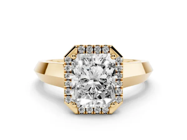 Radiant Cut Halo Diamond Ring with Cathedral Band and Four-Prong Setting Yellow gold