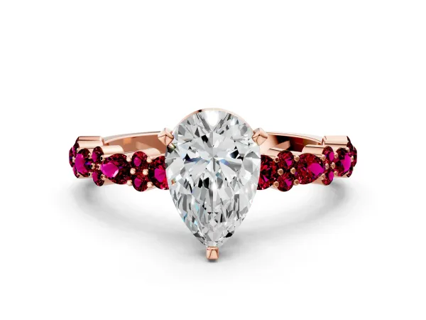 Pear Cut Diamond Side Stone Solitaire Ring with Round Garnet and Four-Prong Setting Rose gold
