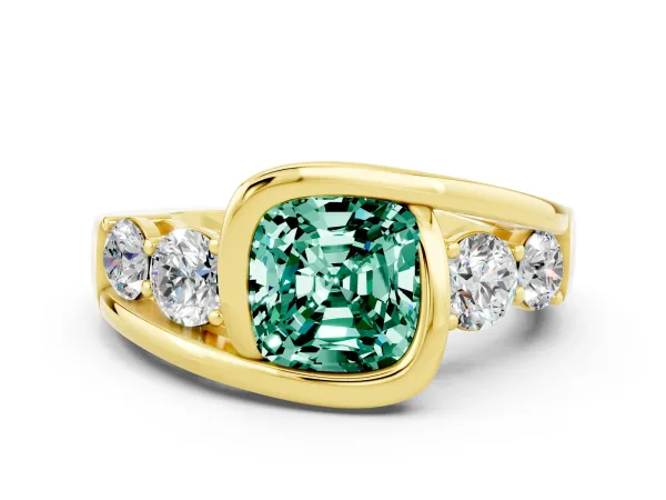 Bezel Set Cushion Cut Green Sapphire Bypass Ring with Round Accents Yellow gold