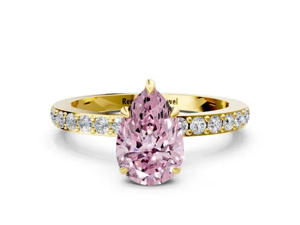 Fancy Pink Pear Cut Diamond Solitaire Engagement Ring with Pavé Band and Four-Prong Setting Yellow gold