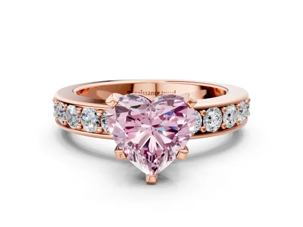 Fancy Pink Heart Cut Diamond Engagement Ring with Channel Set Round Band and Prong Setting Rose gold