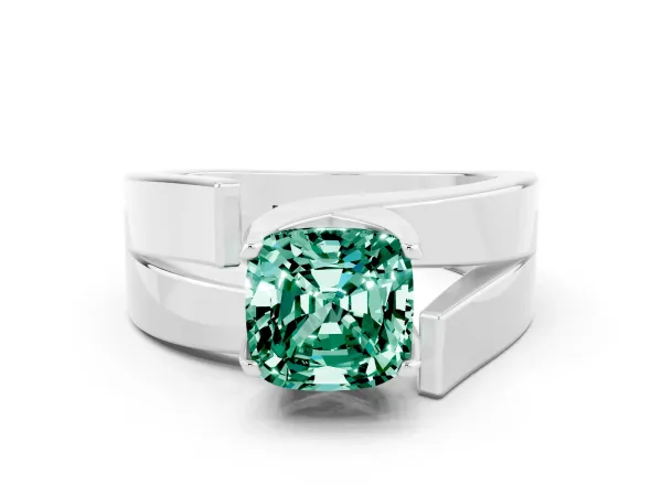 Modern Tension Set Cushion Cut Green Sapphire Solitaire Wide Band Ring Platinum