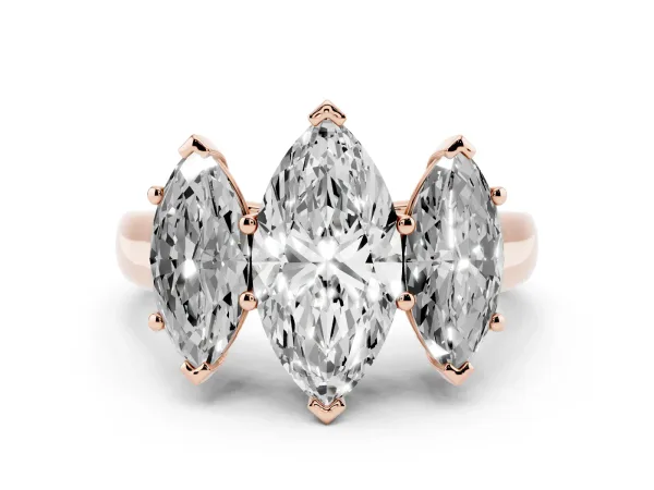 Marquise Cut Three-Stone Diamond Ring with Prong Setting on a Classic Band Rose gold