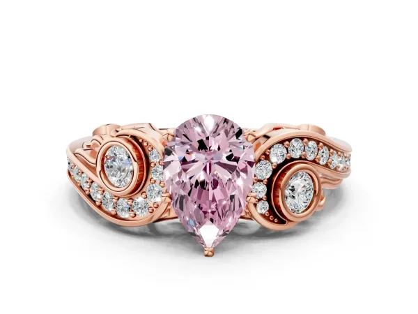Fancy Pink Pear Cut Diamond Solitaire Ring with Milgrain Pavé Band and Four-Prong Setting Rose gold