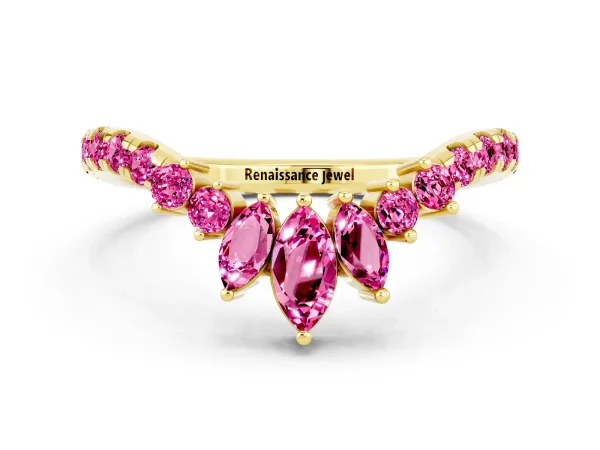 Chevron Marquise and Round Pink Sapphire Open Band with Prong Setting Yellow gold