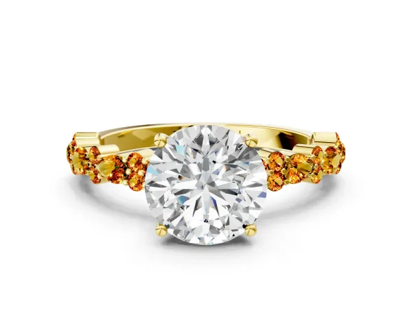 Round Cut Diamond Side Stone Solitaire Ring with Round Citrine and Four-Prong Setting Yellow gold