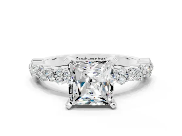 Princess Cut Moissanite Side Stone Solitaire Ring with Round and Four-Prong Setting Platinum
