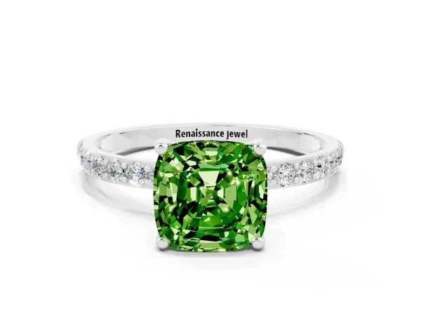 Cushion Cut Peridot Solitaire Ring with Round Pavé Band and Prong Setting Platinum