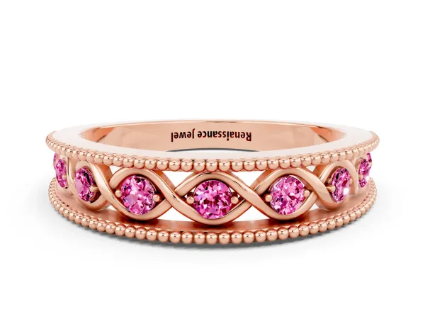 Round Pink Sapphire Twist Milgrain Band with Bezel Setting Rose gold