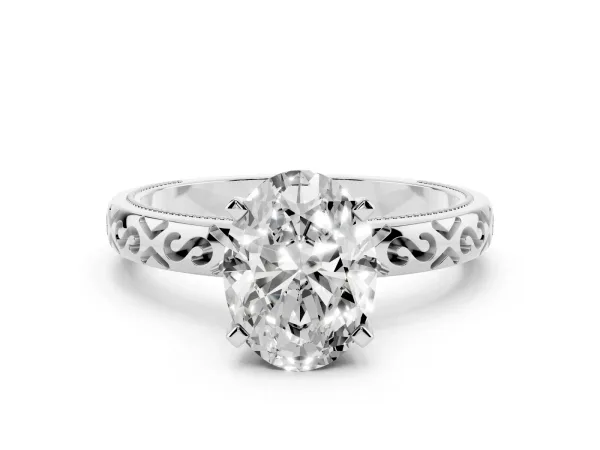 Oval Cut Solitaire Engagement Ring with Scrollwork Band and Four-Prong Setting White gold