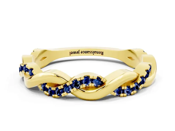 Round Blue Sapphire Twist Eternity Band with Pavé Setting Yellow gold