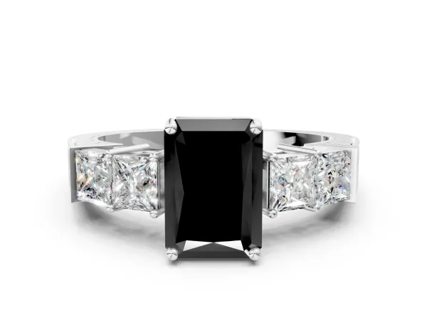 Fancy Black Radiant Cut Solitaire Princess Side Stone Engraved Band Prong Setting Ring Platinum