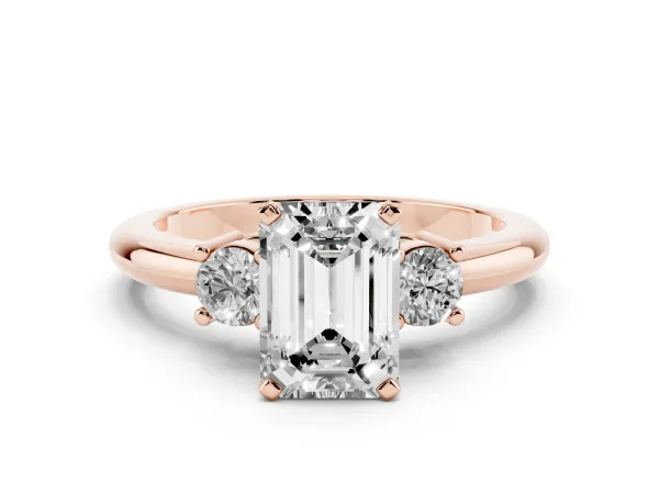 Three-Stone Emerald Cut Cut Diamond Solitaire with Prong Setting and Classic Band Rose gold