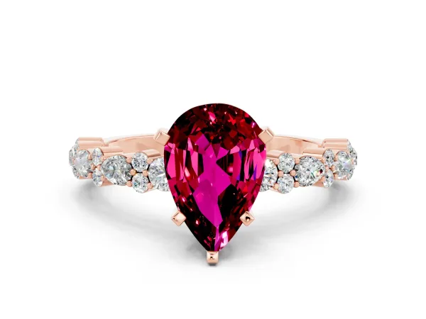 Pear Cut Garnet Side Stone Solitaire Ring with Round and Four-Prong Setting Rose gold