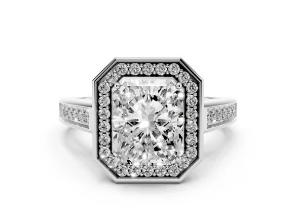 Emerald Cut Halo Solitaire Diamond Ring with Pave Band and Bezel Setting White gold
