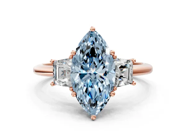 Fancy Blue Marquise Cut Diamond Three-Stone Ring with Trapezoid Side Stones and Prong Setting Rose gold