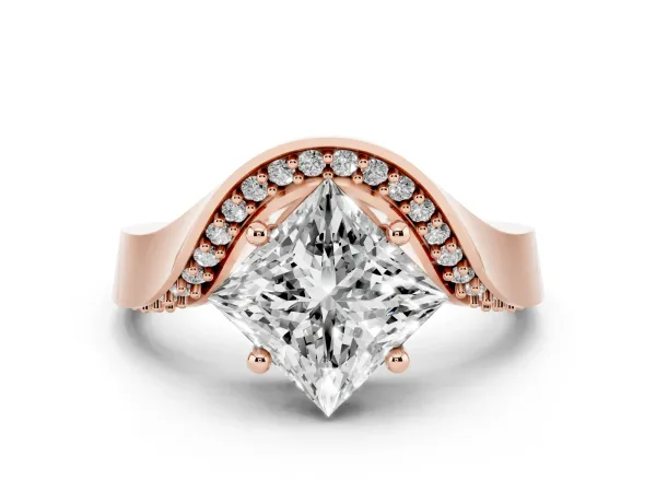 Princess Cut Solitaire Diamond Engagement Ring with Pave Band and Four-Prong Setting Rose gold