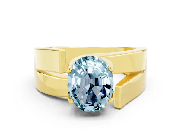 Modern Tension Set Oval Cut Aquamarine Solitaire Wide Band Ring Yellow gold