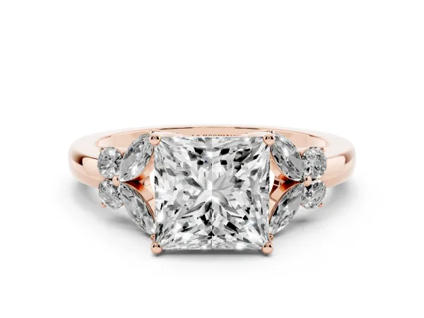 Princess Cut Cut Solitaire Floral Diamond Ring with Four-Prong Setting Rose gold