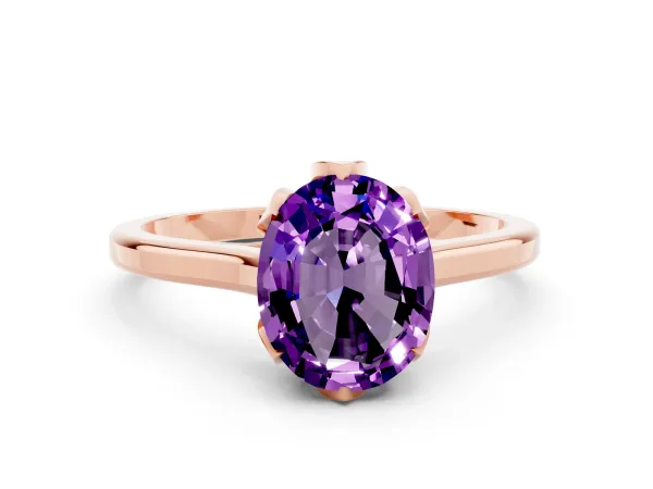 Oval Cut Amethyst Solitaire Ring with Flower Prong Setting and Classic Band Rose gold