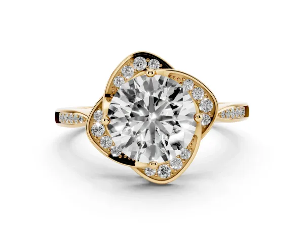 Round Cut Halo Twist Diamond Engagement Ring with Pavé Band and Four-Prong Setting Yellow gold