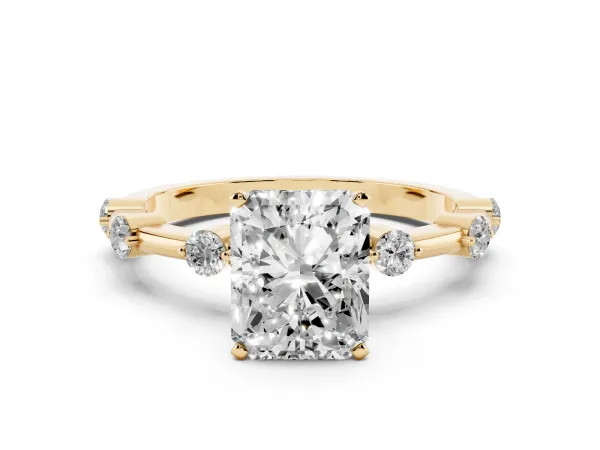 Radiant Cut Solitaire Diamond Ring with Bezel Set Side Stones and Prong Setting Yellow gold