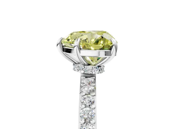 Fancy Yellow Heart Cut Diamond Solitaire Engagement Ring with Pavé Band and Four-Prong Setting Platinum