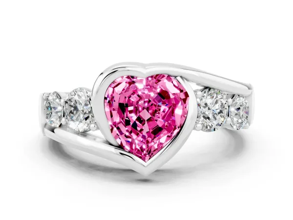 Bezel Set Heart Cut Pink Sapphire Bypass Ring with Round Accents Platinum