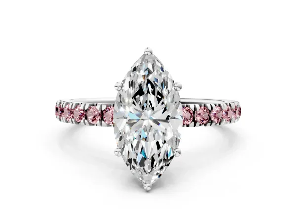 Marquise Cut Diamond Pave Band Solitaire Ring with Round Morganite and Prong Setting White gold