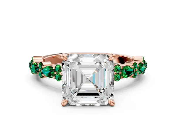 Asscher Cut Diamond Side Stone Solitaire Ring with Round Emerald and Four-Prong Setting Rose gold