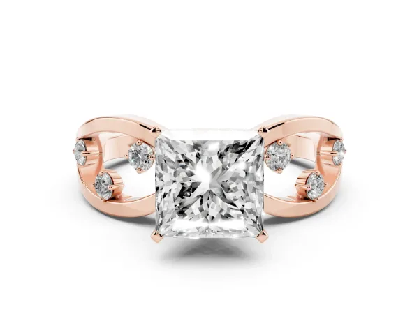 Princess Cut Cut Solitaire Diamond with Side Stones on Criss-Cross Band and Four-Prong Setting Rose gold