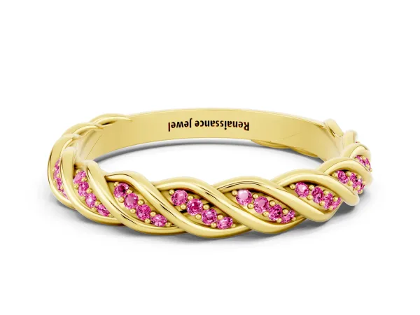 Twisted Pavé Round Pink Sapphire Eternity Band with Shared Prong Setting Yellow gold
