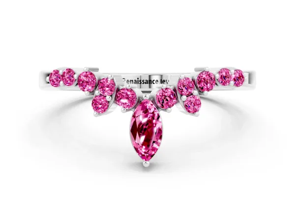 Marquise and Round Pink Sapphire Chevron Band with Prong Setting Platinum