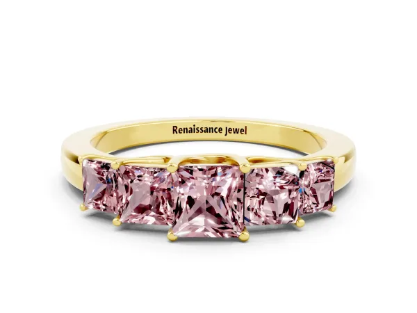 Princess Cut Five-Stone Morganite Ring with Classic Prong Setting Yellow gold
