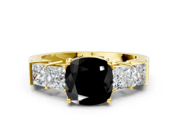 Fancy Black Cushion Cut Solitaire Princess Side Stone Engraved Band Prong Setting Ring Yellow gold
