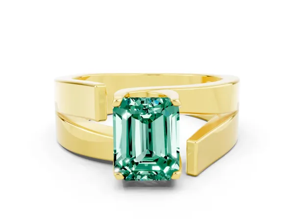 Modern Tension Set Emerald Cut Green Sapphire Solitaire Wide Band Ring Yellow gold