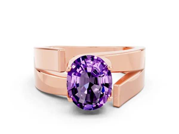 Modern Tension Set Oval Cut Amethyst Solitaire Wide Band Ring Rose gold