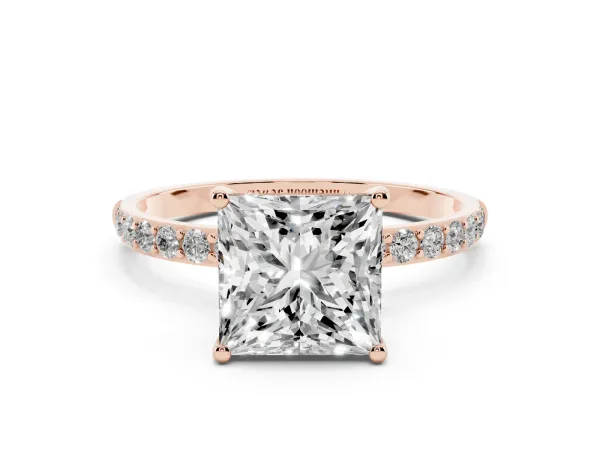 Princess Cut Diamond Solitaire Ring with Round Pavé Shoulders and Prong Setting Rose gold