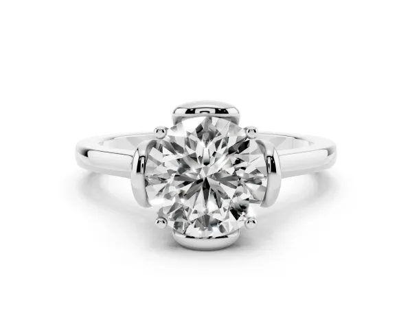 Round Cut Solitaire Diamond Ring with Floral Prong Setting and Classic Band White gold